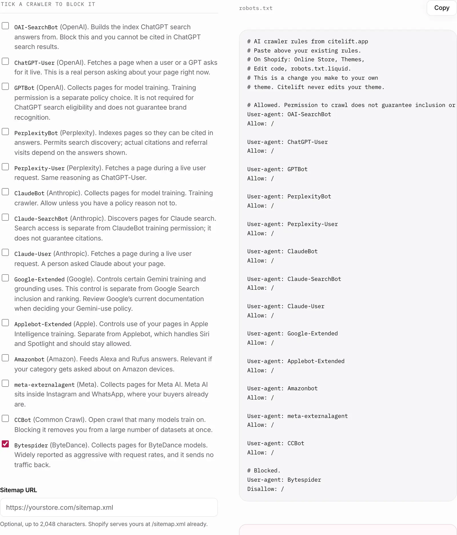 Screenshot of the Citelift robots.txt generator listing fourteen AI agents with each vendor's stated purpose, with Bytespider ticked, beside the generated file that allows the other agents and disallows Bytespider.