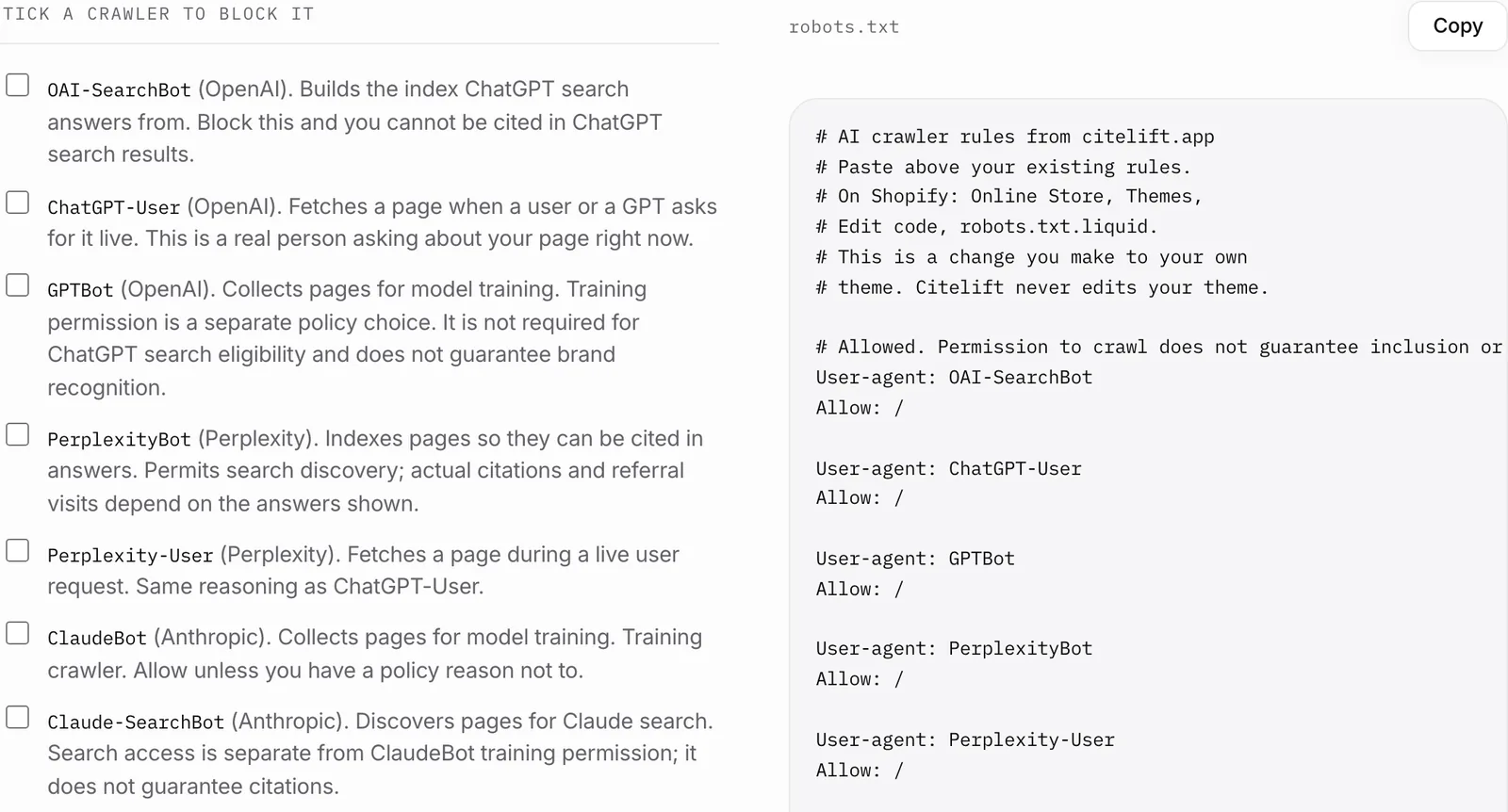 Screenshot of the Citelift AI crawler robots.txt generator: a checklist of AI agents such as OAI-SearchBot, ChatGPT-User, GPTBot and PerplexityBot with each one's purpose, beside the generated robots.txt rules.