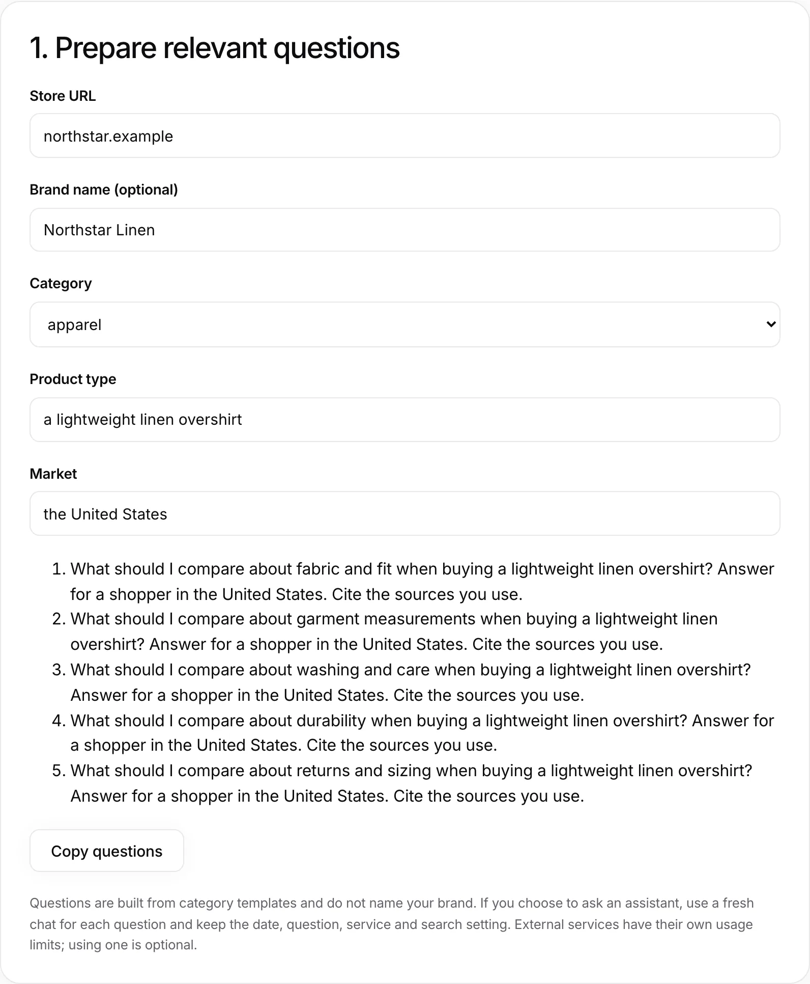 Screenshot of the Citelift manual checker with a fictional store, Northstar Linen, entered for a lightweight linen overshirt in the United States, showing five generated buyer questions that do not name the brand.