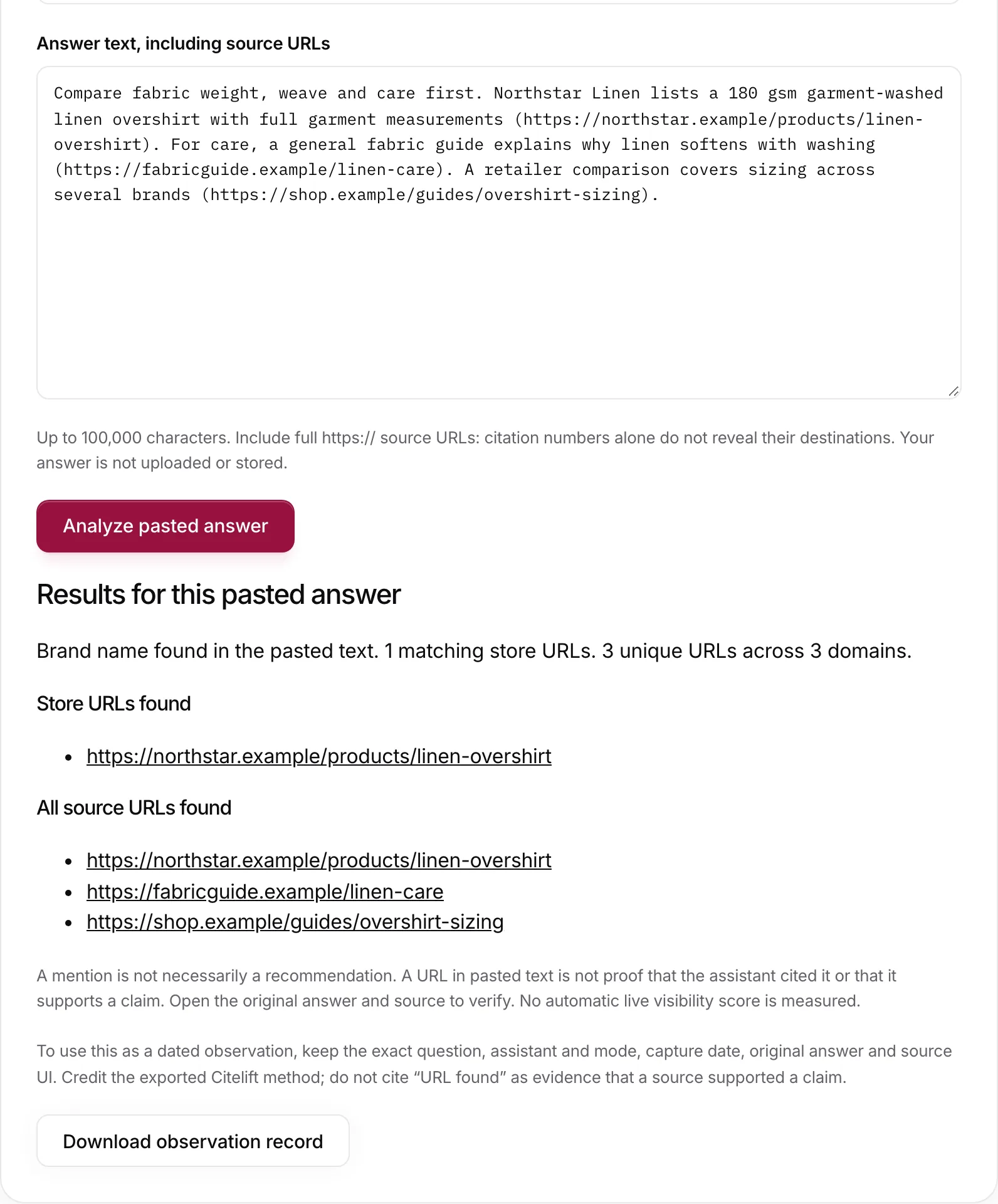 Screenshot of the Citelift manual checker analysing an invented answer about linen overshirts: brand name found, one matching store URL and three unique source URLs across three domains, with a note that a URL in pasted text is not proof of a citation.
