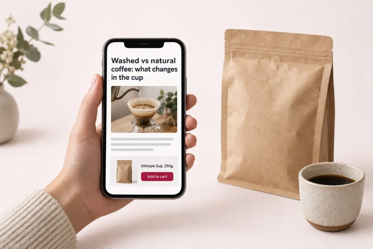A coffee roaster’s article on a phone, with a linked product