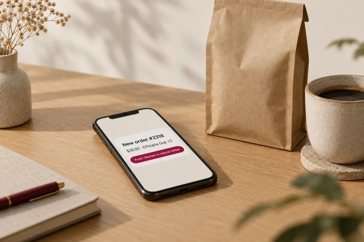 A Shopify order credited to a coffee article