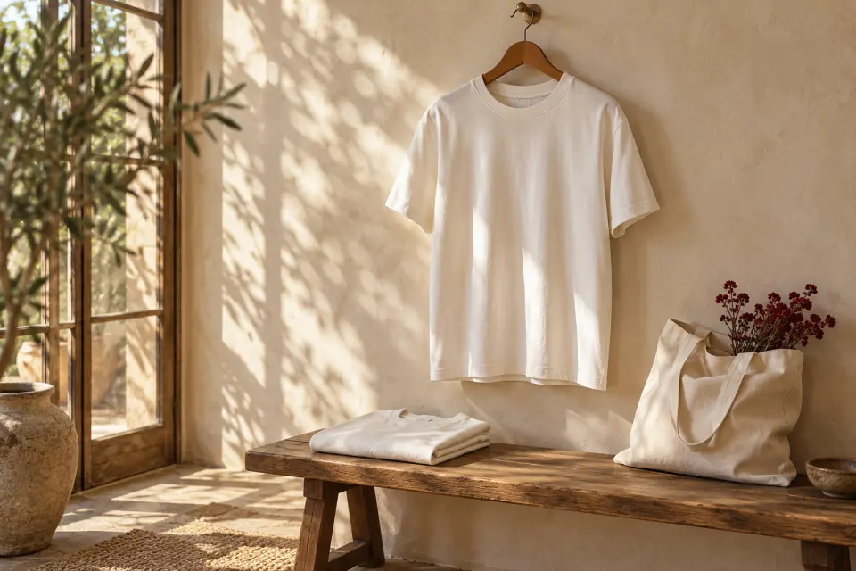 A heavyweight cream t-shirt on a wooden hanger in morning light