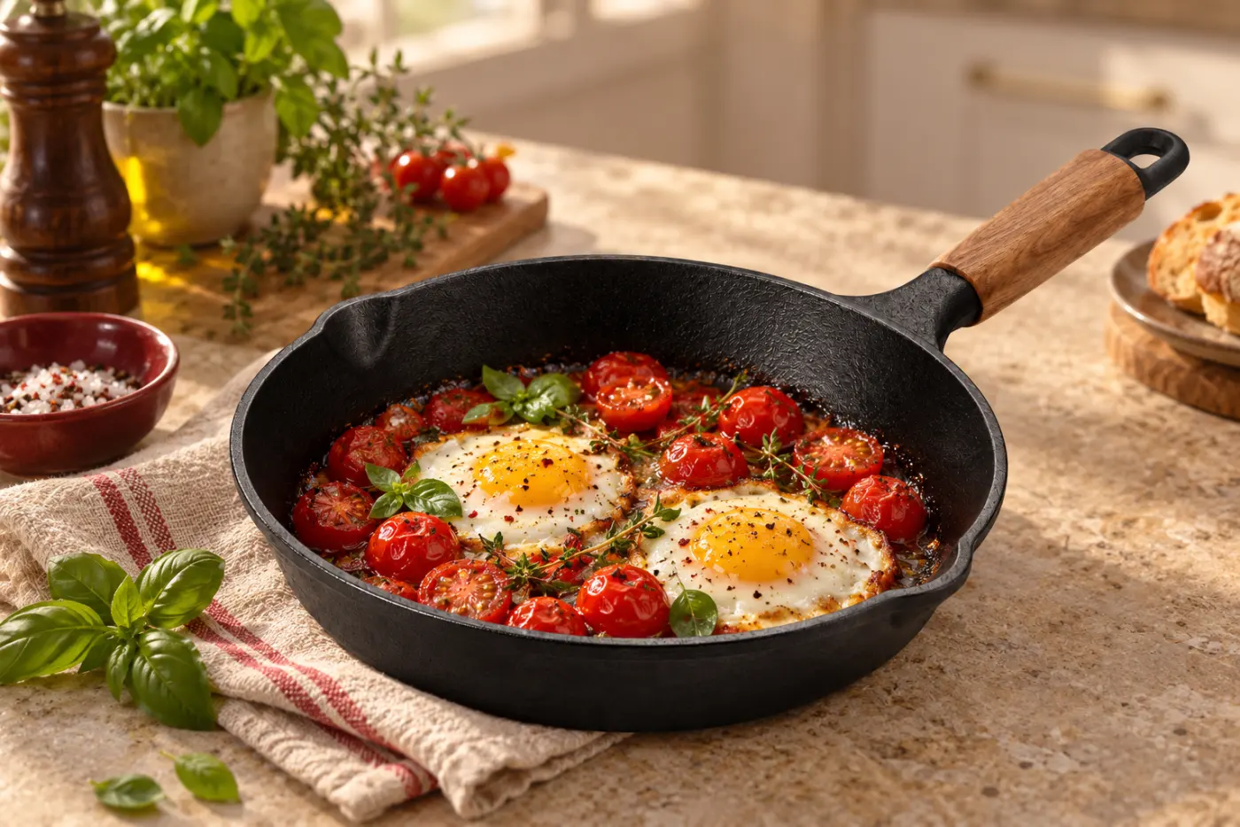 Illustrative cast-iron skillet with eggs and tomatoes on a stone counter