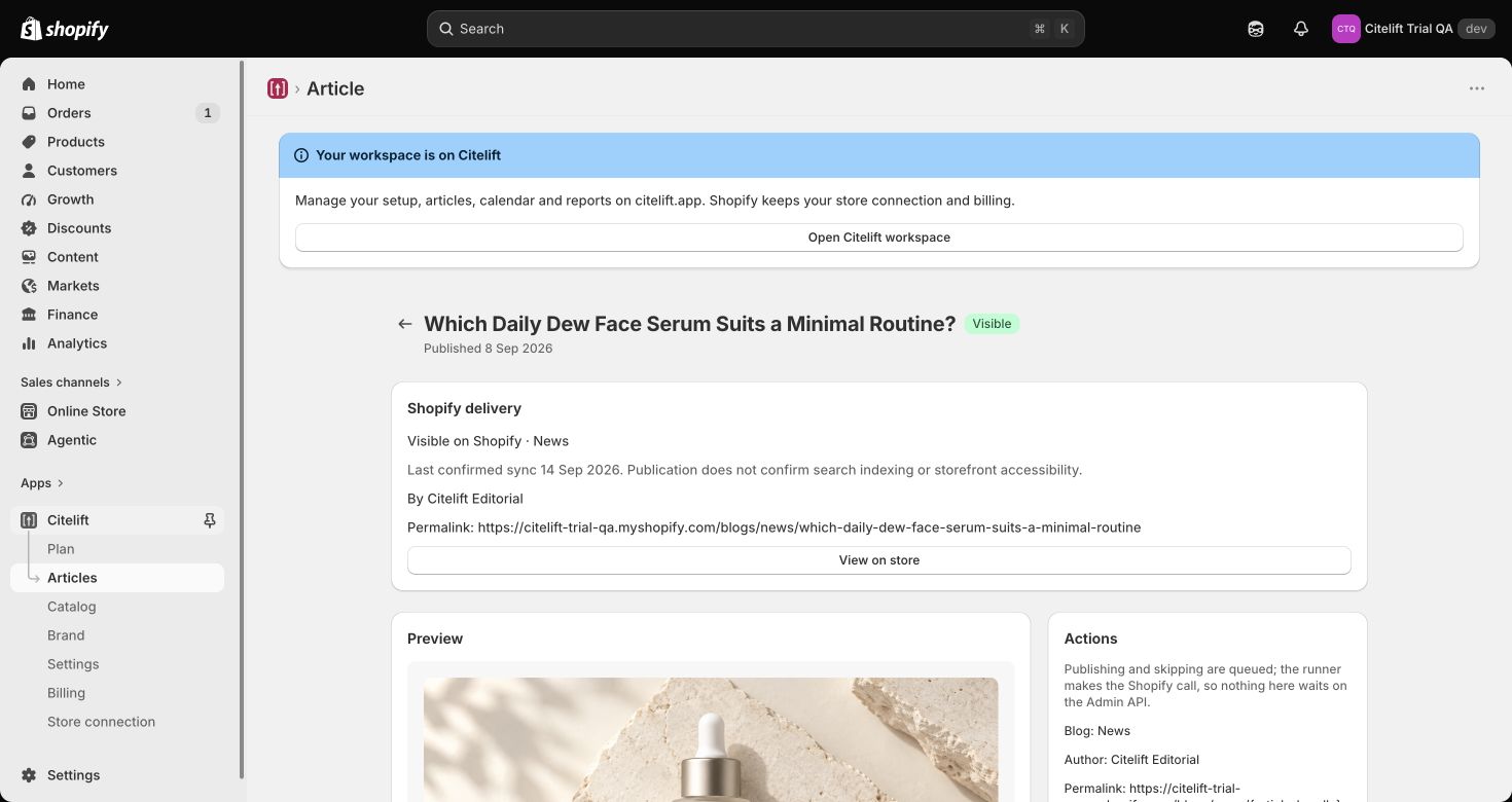 Owned QA article screen with Shopify-confirmed visibility, permalink and preview