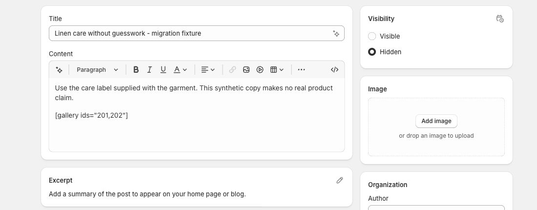 Saved Shopify draft showing the synthetic body, unresolved WordPress gallery shortcode and Hidden visibility