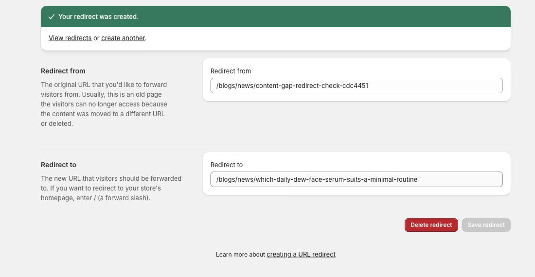 Native Shopify confirmation showing the temporary redirect source and destination on the Citelift-owned QA store