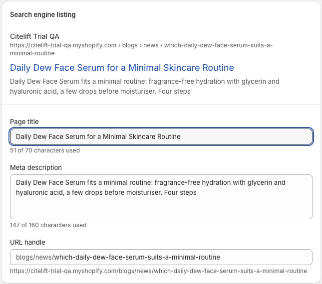 Shopify's native Search engine listing editor showing Page title, Meta description and the blogs/news URL prefix for a Citelift-owned trial article